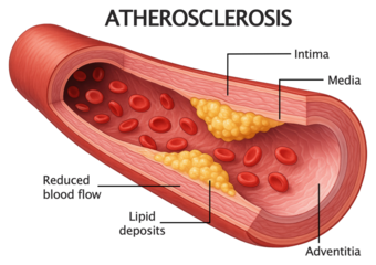 Cross section of artery showing atherosclerosis plaque buildup and red blood cells graphic design isolated on a transparent background