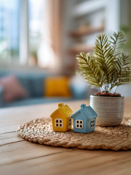 Small ceramic house-shaped ornaments in yellow and blue colors placed on woven mat next to a potted plant on wooden table with cozy blurred living room background