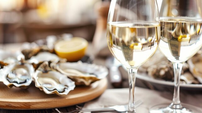 A close-up of two glasses of white wine beside a plate of fresh oysters with lemon slices. The setting is elegant and suitable for fine dining.