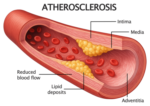 Cross section of artery showing atherosclerosis plaque buildup and red blood cells graphic design isolated on a transparent background