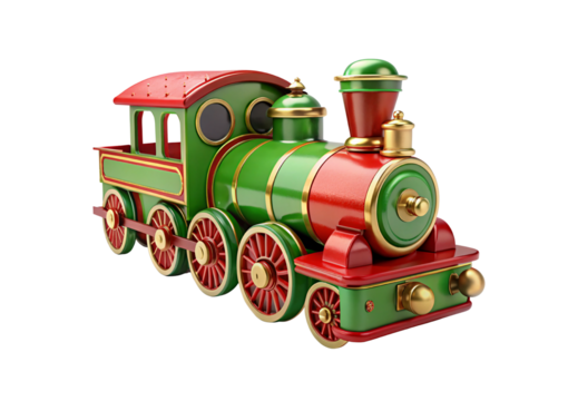 Vintage green and red Christmas toy locomotive train with gold trim and decorative wheels, isolated on a transparent background