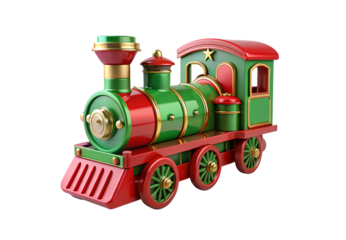 Festive holiday toy train engine with green body, red accents, gold details, and star decoration, isolated on a transparent background
