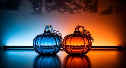 Two glass pumpkins decorative objects with blue and orange lighting