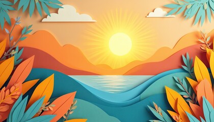 Abstract paper cut style illustration. Summer landscape scenery with sun clouds water and plants. Modern art design uses vibrant colors perfect for vacation travel or eco themes.
