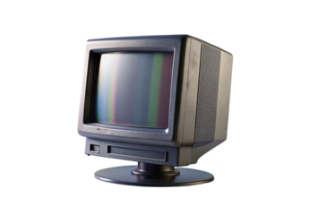 Vintage gray CRT computer monitor displaying colorful test pattern screen on circular base stand, isolated on a transparent background