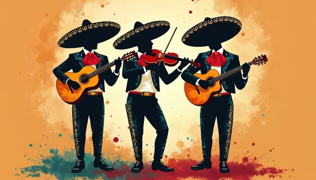 Mariachi musicians in traditional dress play guitars and violin. Silhouette figures perform festive Mexican music in vibrant colors, celebrating culture and heritage with lively rhythm and sound. - Powered by Adobe