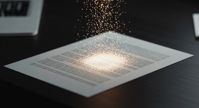 A captivating image that conveys a sense of innovation and creative transformation, as sparkling particles coalesce onto a document. representing the core concept of innovation, data analysis.