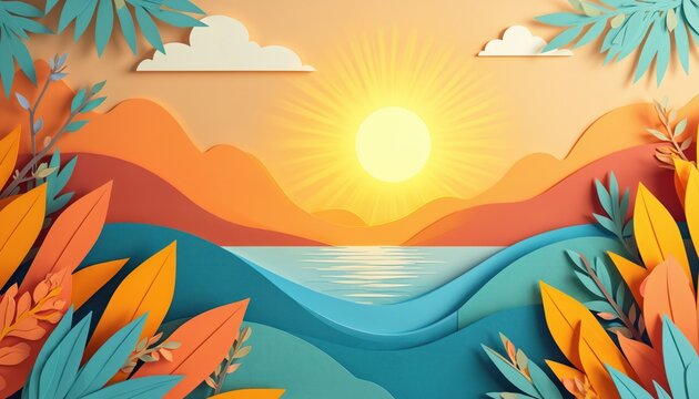 Abstract paper cut style illustration. Summer landscape scenery with sun clouds water and plants. Modern art design uses vibrant colors perfect for vacation travel or eco themes.