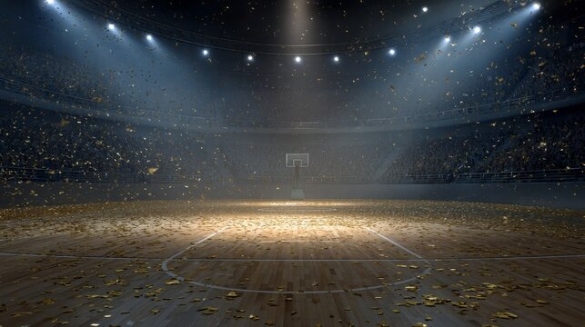 An empty basketball court in a large stadium, lit by bright spotlights, with confetti falling down onto the wooden floor.
