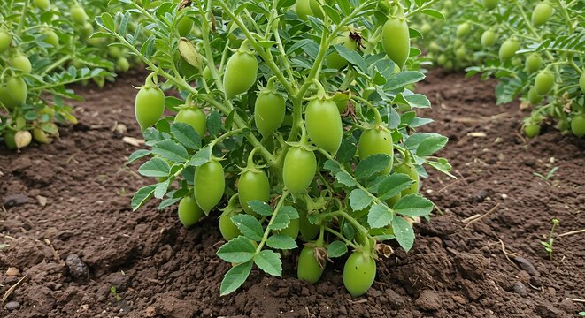 Fresh chickpeas growing on a plant in a field close up view