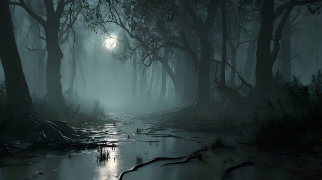 Mysterious dark forest path shrouded in eerie mist with a faint moon illuminating gnarled trees and waterlogged ground