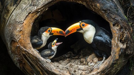 Obraz premium A toucan feeding its chicks in a hollow tree in a tropical rainforest