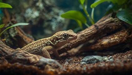 A small lizard, camouflaged, rests among wood, plants, and earth.
