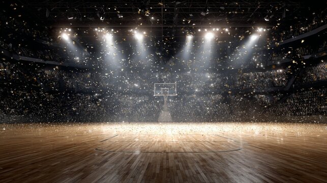 An empty basketball court in a large stadium, lit by bright spotlights, with confetti falling down onto the wooden floor.