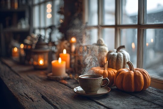 Cozy autumn scene with steaming coffee cup, glowing candles, and pumpkins by a window, perfect for seasonal holidays and warm feelings