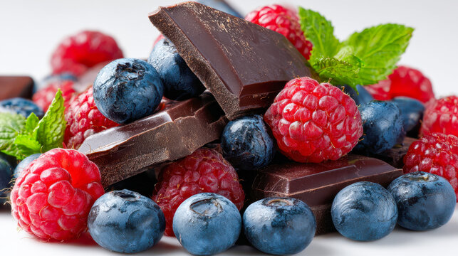 Fresh ripe raspberries and blueberries arranged with rich dark chocolate pieces and vibrant green mint leaves on a clean white background for a healthy dessert conce