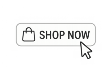 Shop now button with shopping bag icon and mouse cursor, representing online shopping and e-commerce marketing strategy