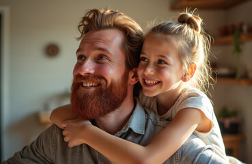 Smiling daughter hugs bearded father at home. Girl embraces dad with love. Bonding family enjoy time together. Parent and child spend time indoors in comfort room. Positive emotion.