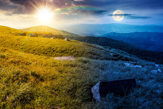 green alpine meadows in mountains on summer solstice. day and night time change concept. stones on grassy hills with sun and moon at twilight. duality in nature and transition template. scenic place