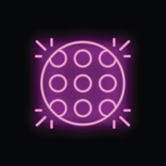 Neon icon of a classic disco ball shining with bright purple light beams, perfect for party and celebration themed designs