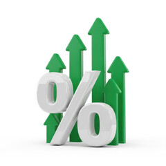 3d percentage symbol with upward arrows isolated on transparent background