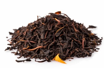 Fototapeta premium Black tea leaves pile drink white background ingredient.