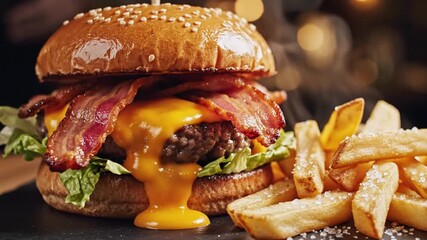 Stacked bacon cheeseburger with dripping cheese and fresh greens, presented with a side of thickcut, salted french fries on a dark surface animated 4k video