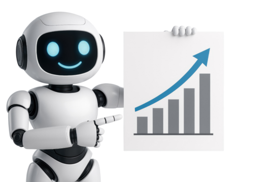Cute AI Robot Pointing at a Growing Bar Chart on a Whiteboard AI robot artificial intelligence isolated on a transparent background