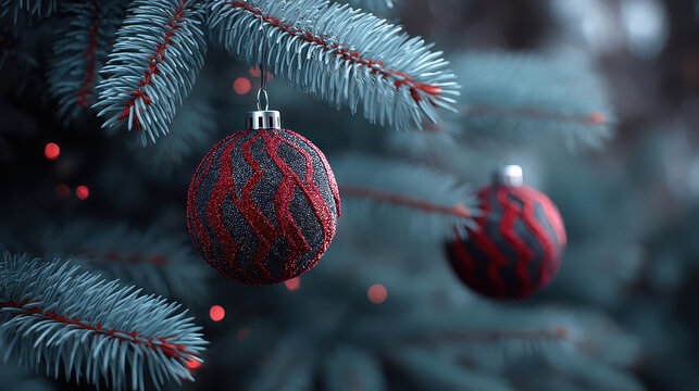 Shimmering red and black ornaments hang delicately from frosty evergreen tree, creating magical atmosphere perfect for festive season of Christmas