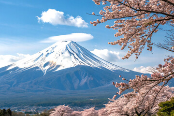 Snow capped mount fuji in spring