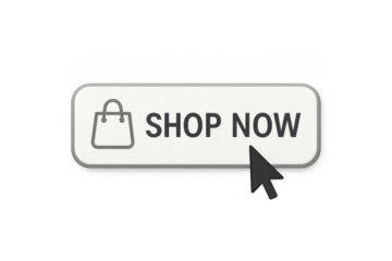 Shop now button with shopping bag icon and mouse cursor clicking, online buying for e-commerce with transparent background