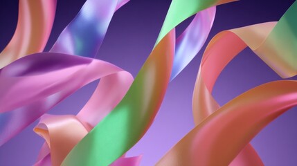 Shiny ribbons in various hues swirl and twist against a soft, gradient background. Their vibrant colors blend together, showcasing an artistic expression full of energy and movement