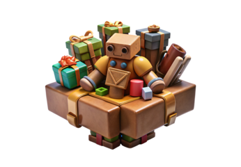 Brown suitcase base with toy robot, wrapped presents, wooden blocks, cheerful design, isolated on a transparent background