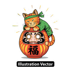 Cheerful cat wearing a green headband, resting on a Daruma doll, vector illustration