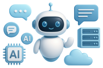 Cute AI Robot with Chat Bubbles Processor Server and Cloud Icons AI robot artificial intelligence isolated on a transparent background