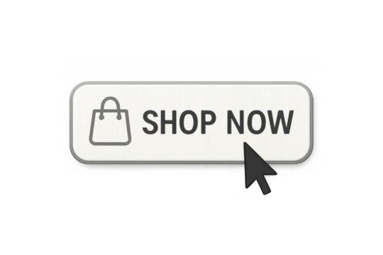Shop now button with shopping bag icon and mouse cursor clicking, online buying for e-commerce with transparent background