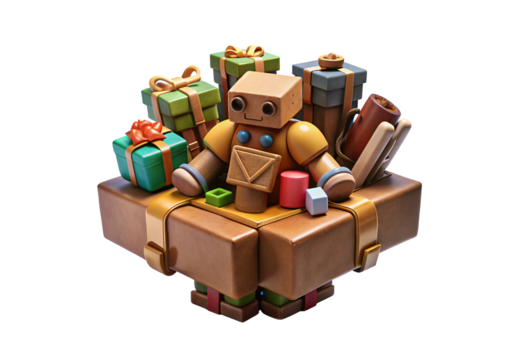 Brown suitcase base with toy robot, wrapped presents, wooden blocks, cheerful design, isolated on a transparent background