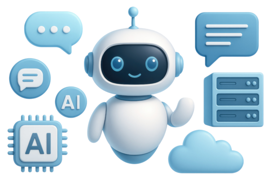Cute AI Robot with Chat Bubbles Processor Server and Cloud Icons AI robot artificial intelligence isolated on a transparent background