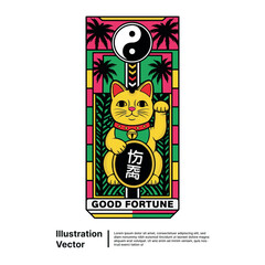 Lucky Cat Illustration with Yin Yang Symbol and Good Fortune Text in a Retro Design