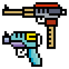 Gun with pixel art for games on white background