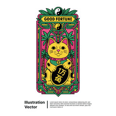 Lucky Cat Illustration for Good Fortune with Tropical Asian Plant Life Border
