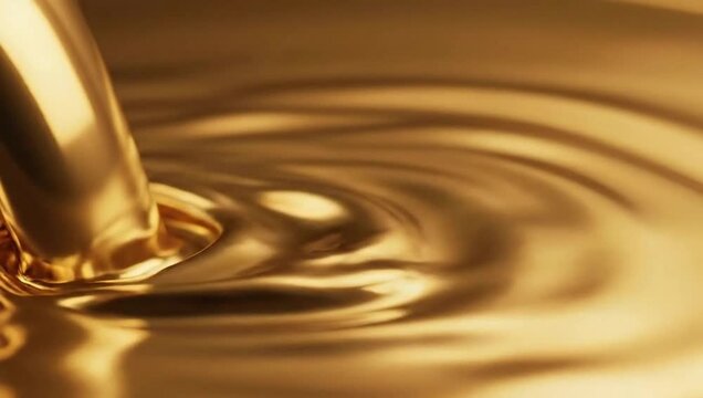 Golden Liquid Pouring into a Shimmering Pool, Creating Smooth Ripples and Reflective Waves, Abstract Flow of Luxurious Fluid Texture