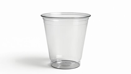 Clear empty disposable plastic tumbler cup on white studio background. Single beverage container for cold drinks. Reusable drinkware for takeaway.