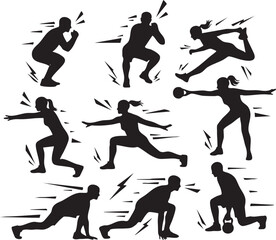 Dynamic fitness workout silhouettes with kettlebell and bodyweight exercises