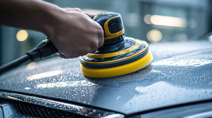 Person using an electric polisher to clean and shine the wet surface of a car hood during a detailed automotive washing session outdoors