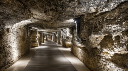 Obraz premium An underground tunnel shrouded in dim light, its walls of rough, exposed rock illuminated by overhead lights at night