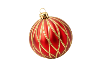 Red Christmas ornament with gold glitter swirl pattern, traditional holiday decoration style, isolated on a transparent background