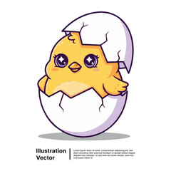 Adorable yellow chick with sparkling eyes happily hatching from a white eggshell, symbolizing new beginnings and spring