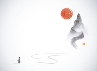 Japanese minimalist vector in sumi-e style showing a samurai walking along a winding path toward a mountain with a red sun. Hieroglyph – eternity. © elinacious