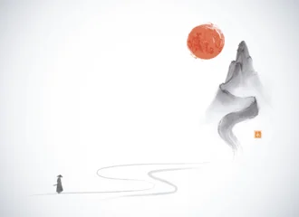 Japanese minimalist vector in sumi-e style showing a samurai walking along a winding path toward a mountain with a red sun. Hieroglyph – eternity. © elinacious